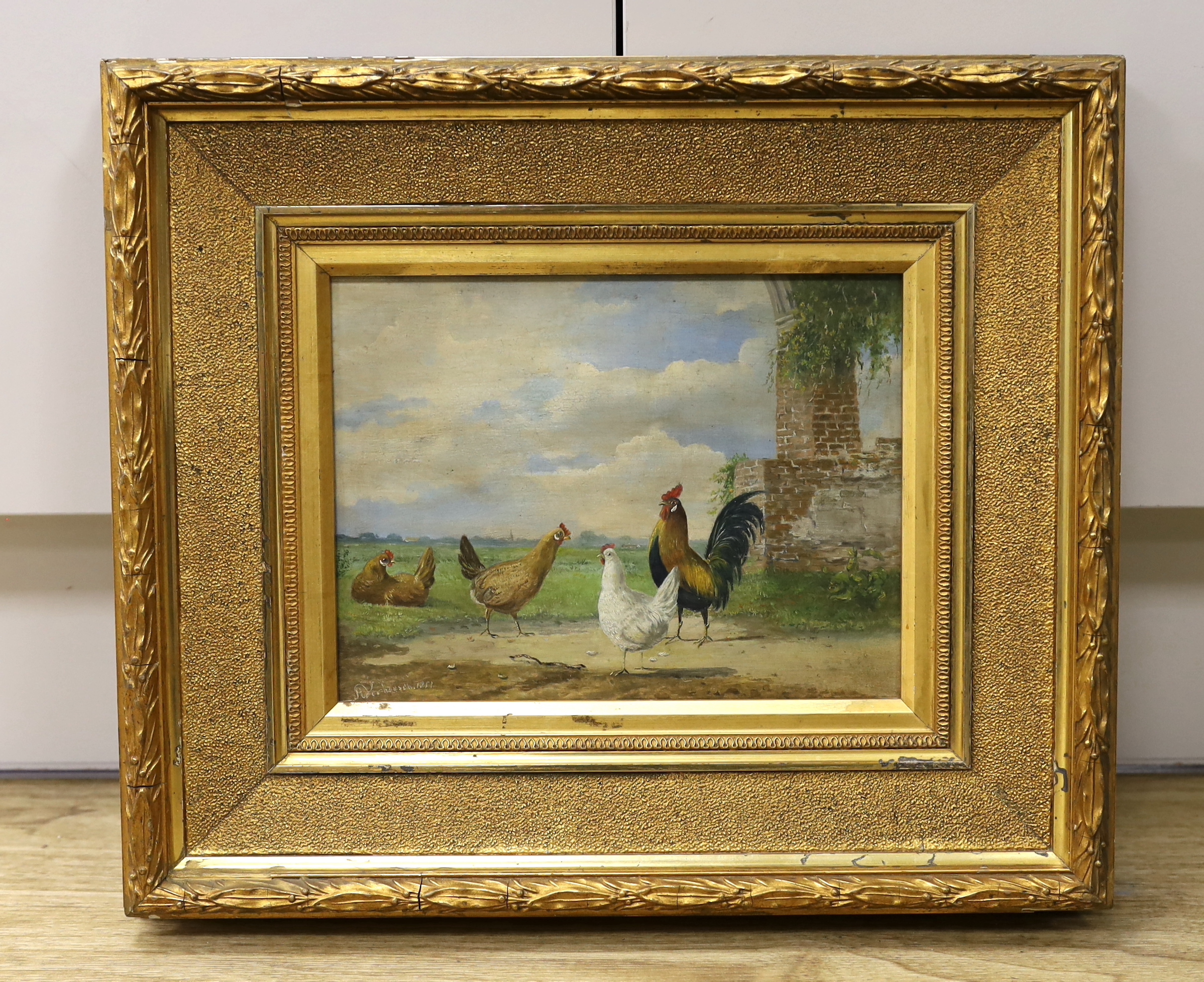 Dutch School, oil on board, Study of chickens before a landscape, indistinctly signed and dated 1851, 24 x 18cm